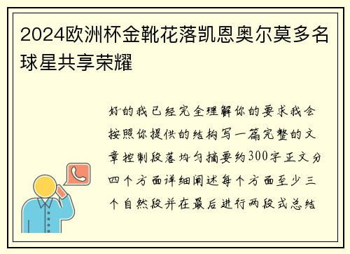 2024欧洲杯金靴花落凯恩奥尔莫多名球星共享荣耀