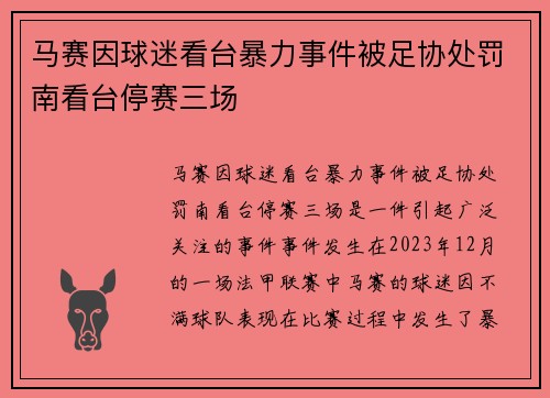 马赛因球迷看台暴力事件被足协处罚南看台停赛三场